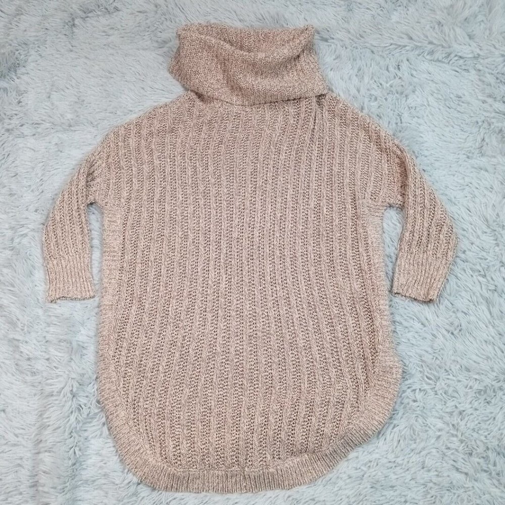 Express Womens Sweater Turtleneck Biege Petite Small Knit Three Quarter Sleeve